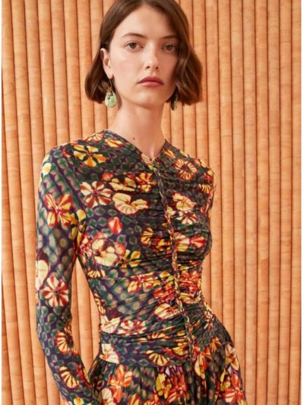 Ulla Johnson Jersey Floral Ruched Long-Sleeve Women's Top - Green Multi